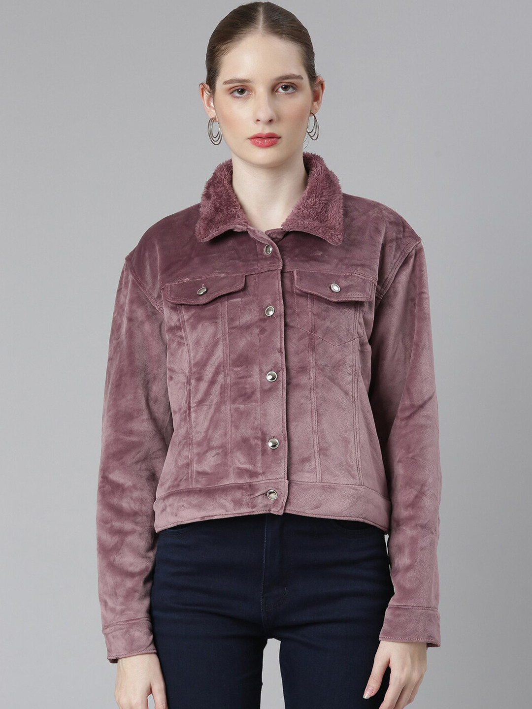 

SHOWOFF Spread Collar Windcheater Acrylic Crop Tailored Jacket, Mauve