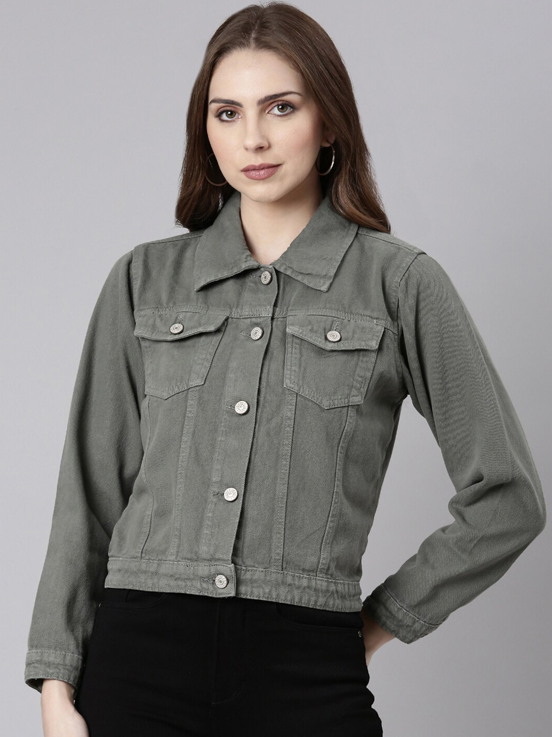 

SHOWOFF Spread Collar Windcheater Crop Denim Jacket, Grey