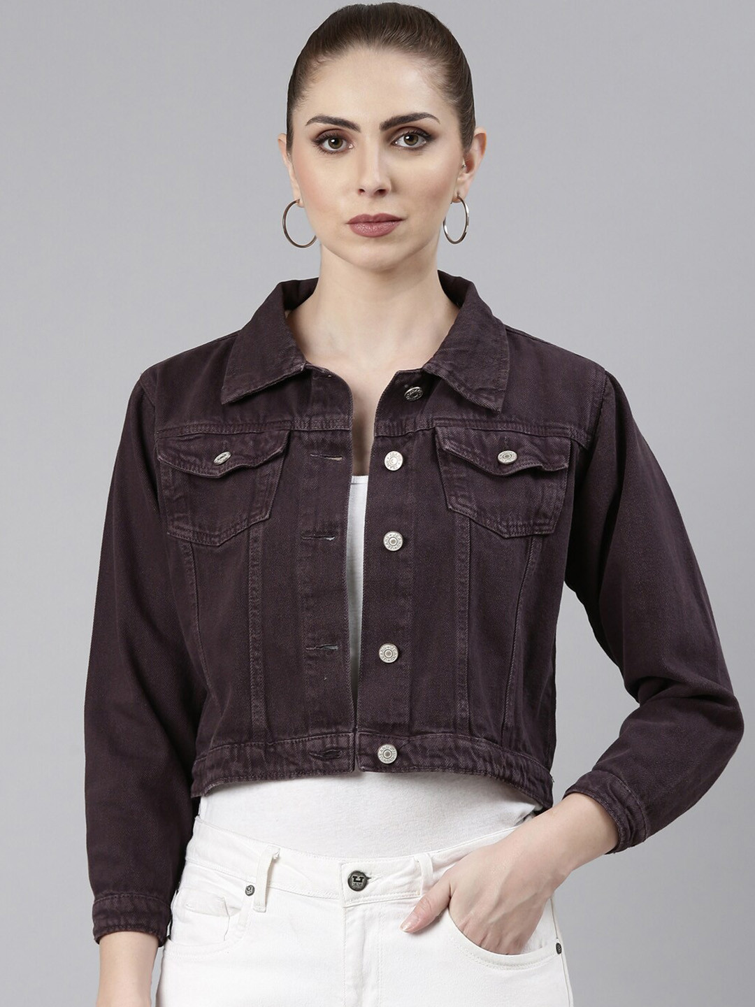 

SHOWOFF Spread Collar Windcheater Crop Denim Jacket, Violet