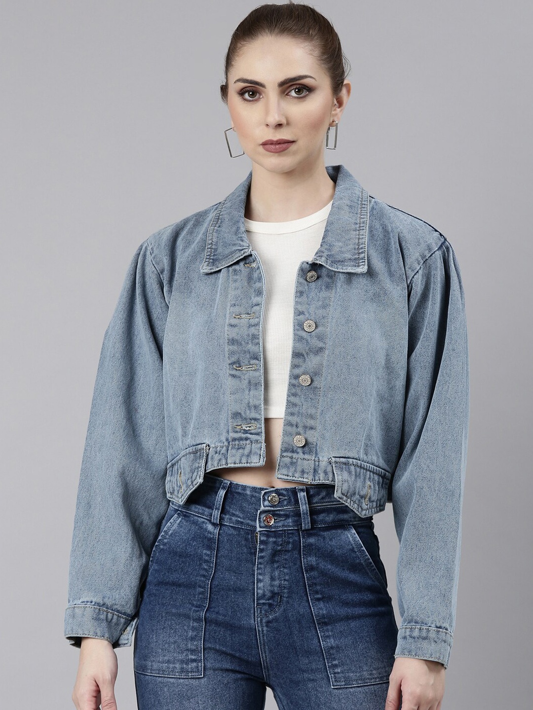 

SHOWOFF Spread Collar Windcheater Crop Denim Jacket, Blue