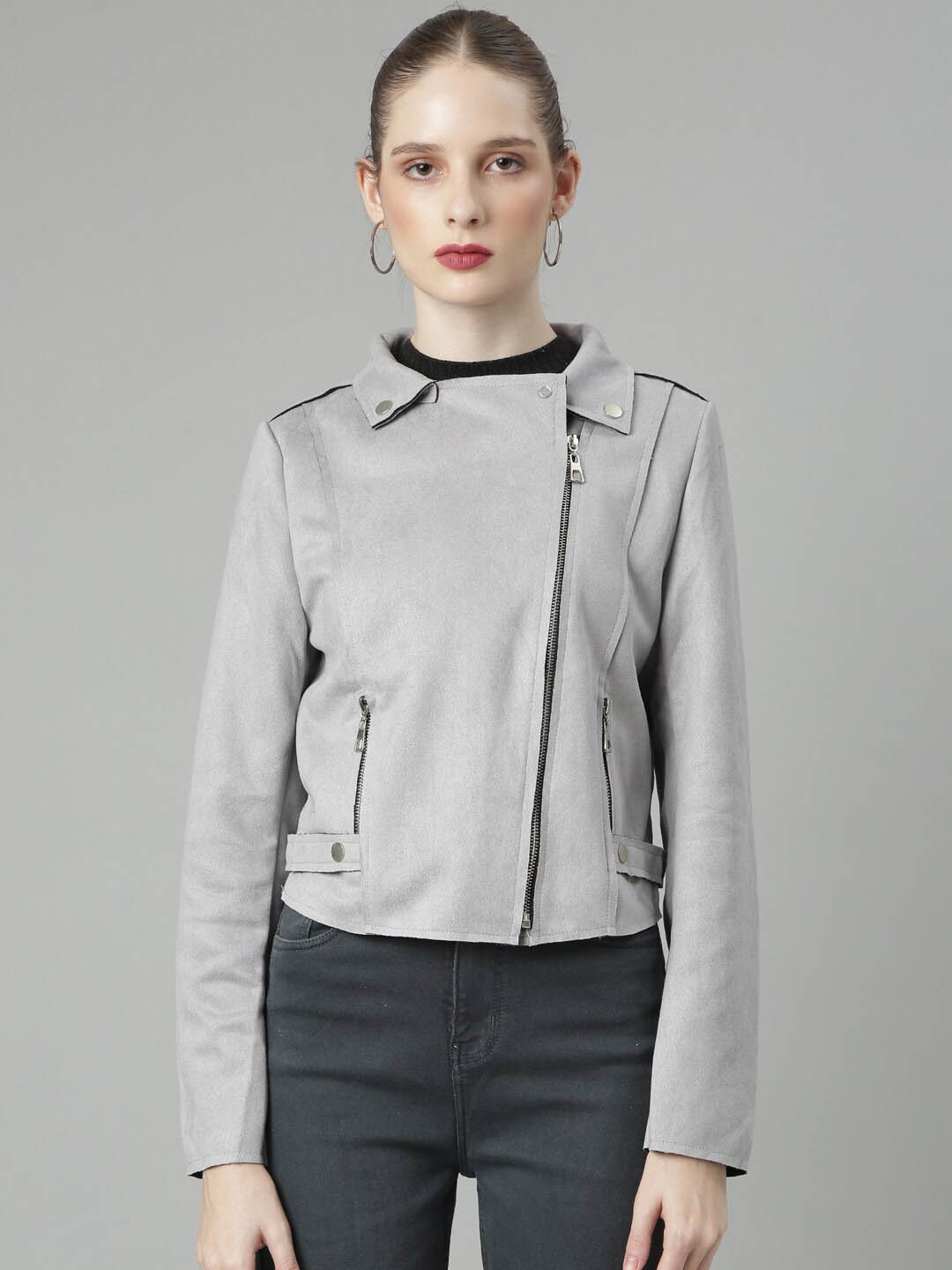 

SHOWOFF Spread Collar Windcheater Crop Tailored Jacket, Grey