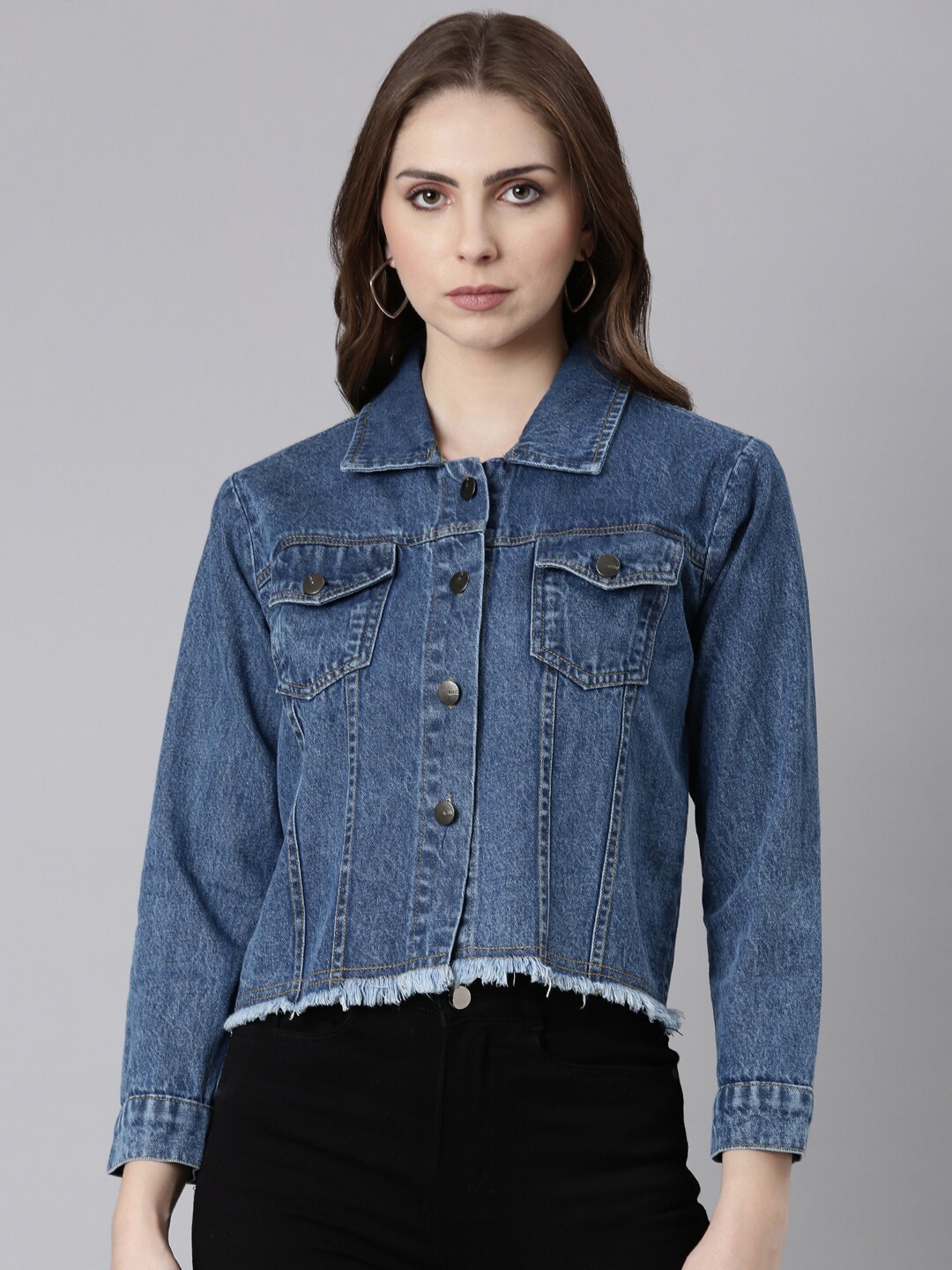 

SHOWOFF Spread Collar Windcheater Crop Denim Jacket, Blue