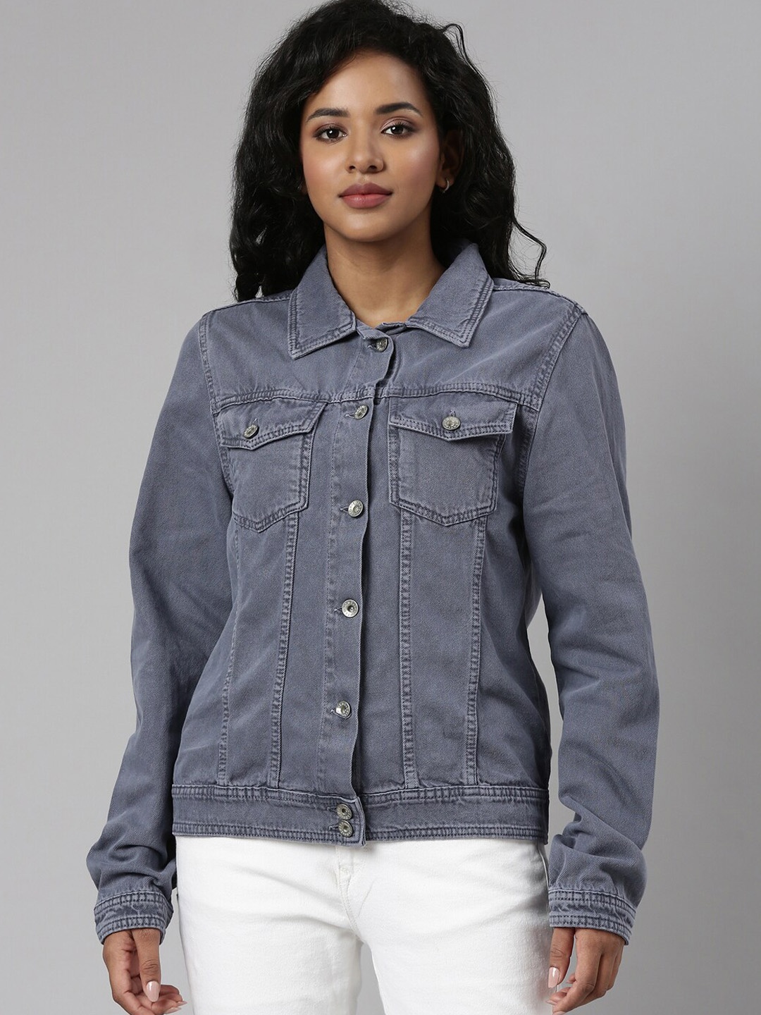 

SHOWOFF Spread Collar Windcheater Denim Jacket, Grey