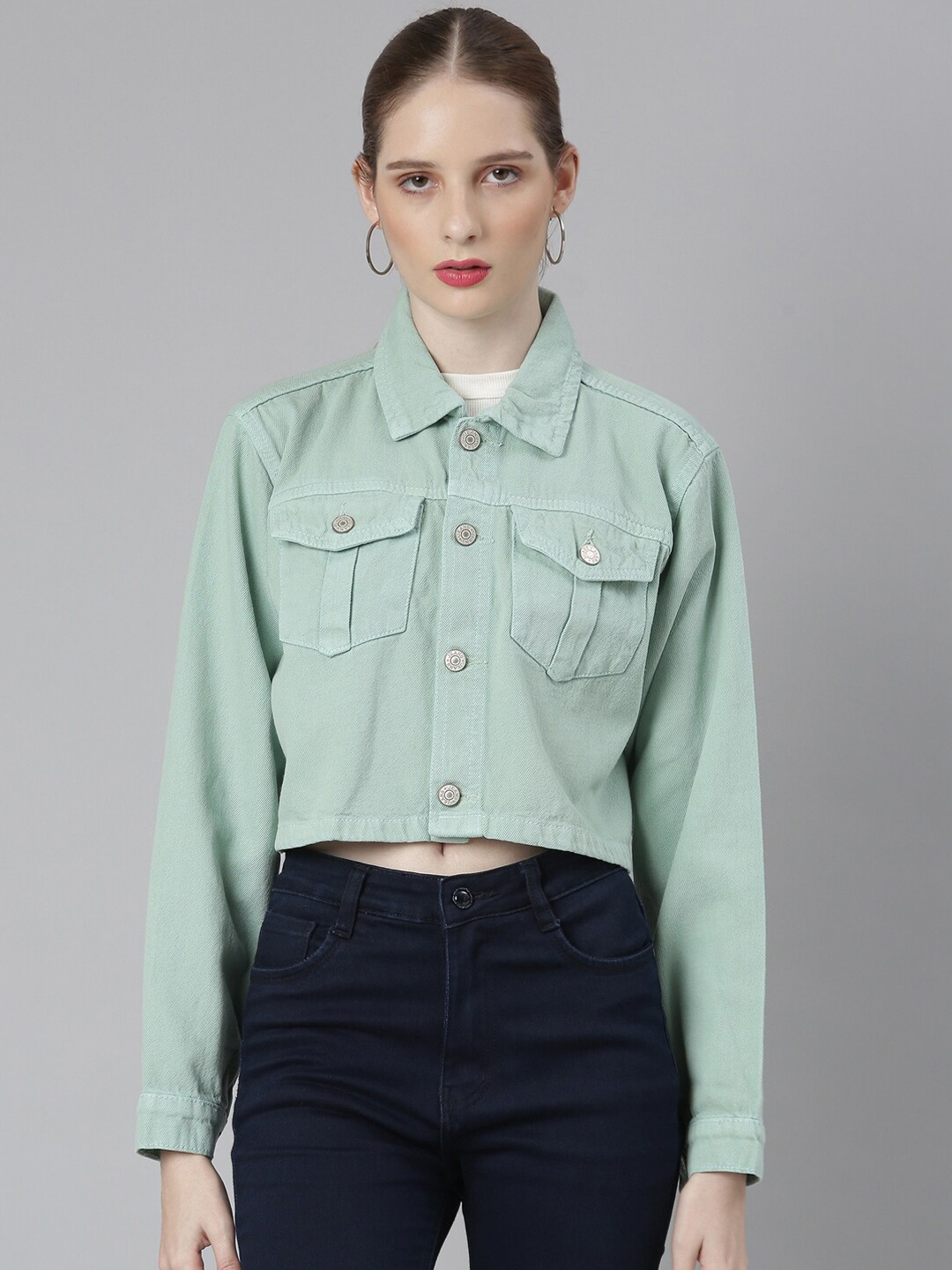 

SHOWOFF Spread Collar Windcheater Crop Denim Jacket, Sea green