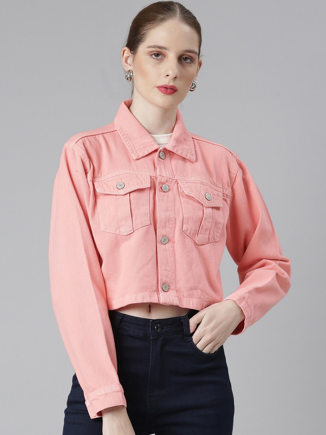 

SHOWOFF Spread Collar Windcheater Crop Denim Jacket, Coral
