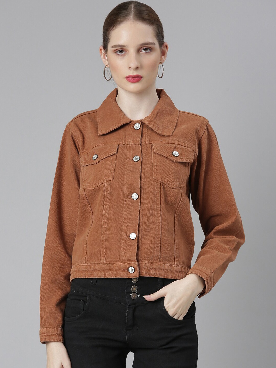 

SHOWOFF Spread Collar Windcheater Denim Jacket, Camel brown