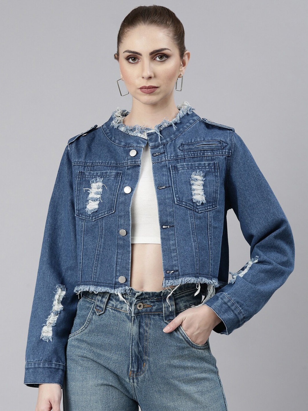 

SHOWOFF Mock Collar Windcheater Crop Denim Jacket, Blue