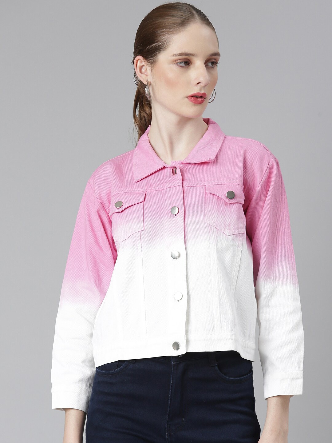 

SHOWOFF Colourblocked Windcheater Crop Denim Jacket, Pink