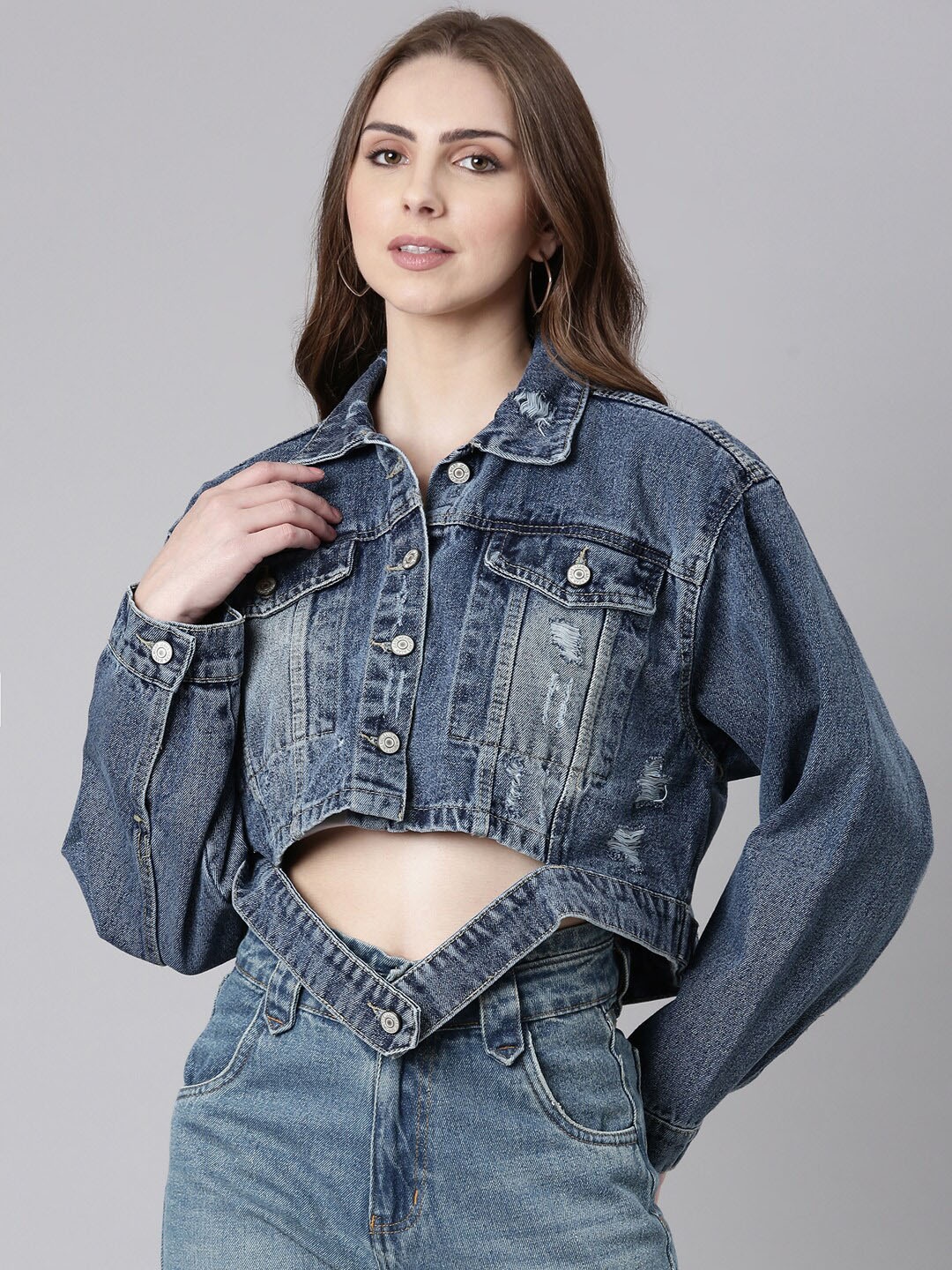 

SHOWOFF Windcheater Crop Denim Jacket, Blue