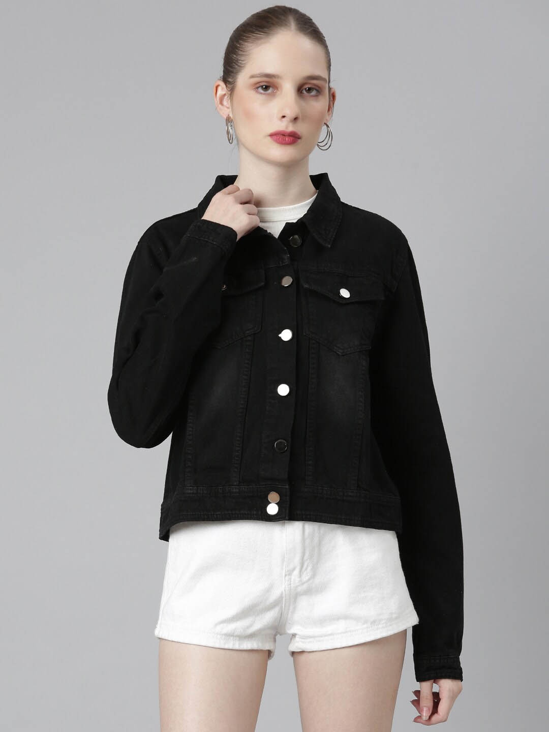 

SHOWOFF Spread Collar Windcheater Cotton Denim Jacket, Black