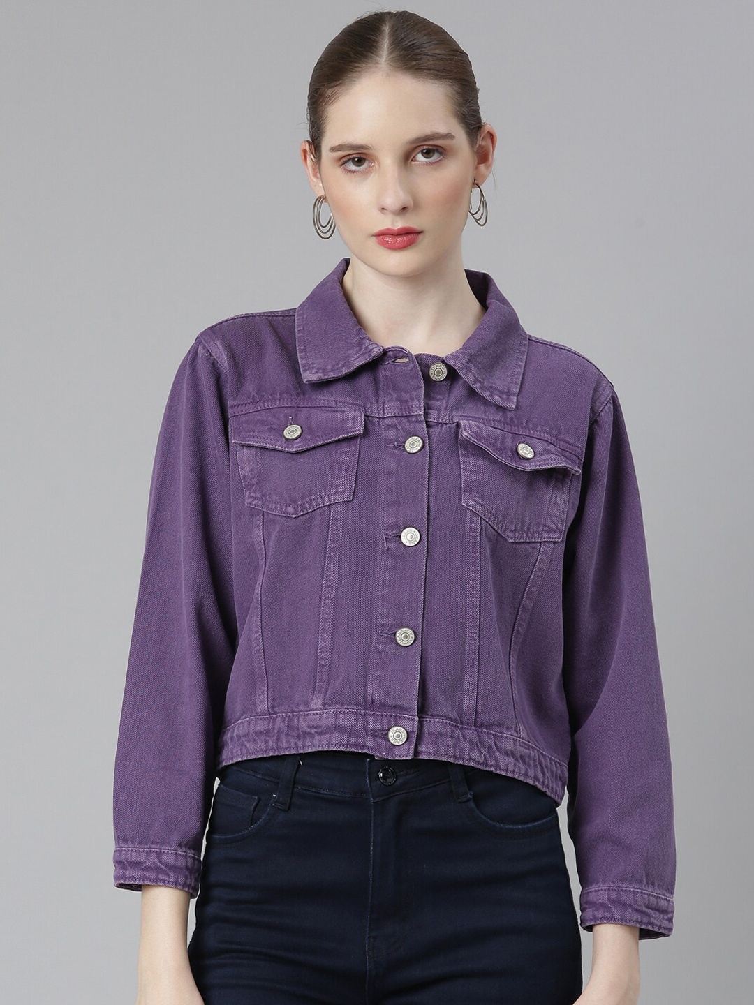 

SHOWOFF Spread Collar Windcheater Cotton Denim Jacket, Purple