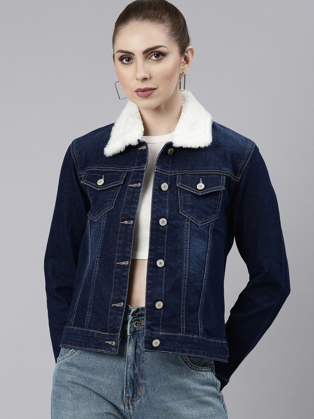 

SHOWOFF Washed Windcheater Cotton Denim Jacket, Navy blue