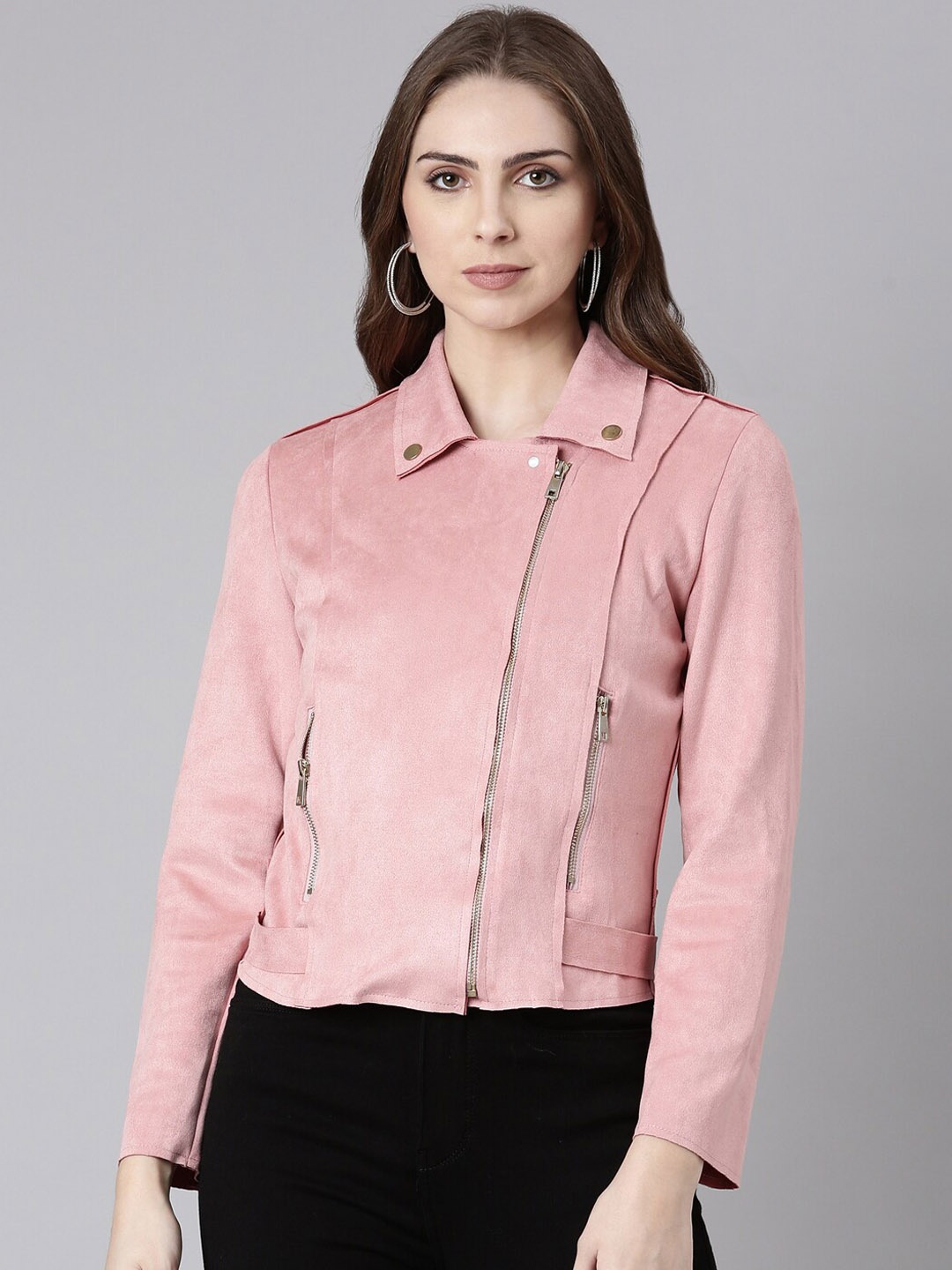 

SHOWOFF Spread Collar Long Sleeve Zip Detail Windcheater Crop Tailored Jacket, Pink