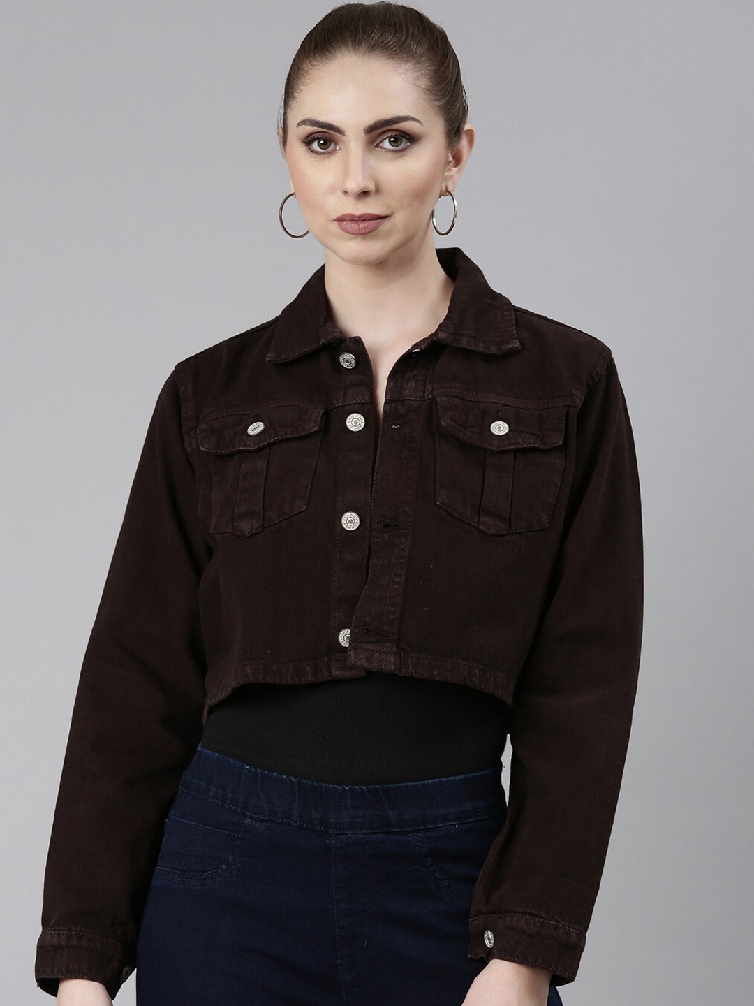 

SHOWOFF Spread Collar Long Sleeve Windcheater Crop Denim Jacket, Coffee brown