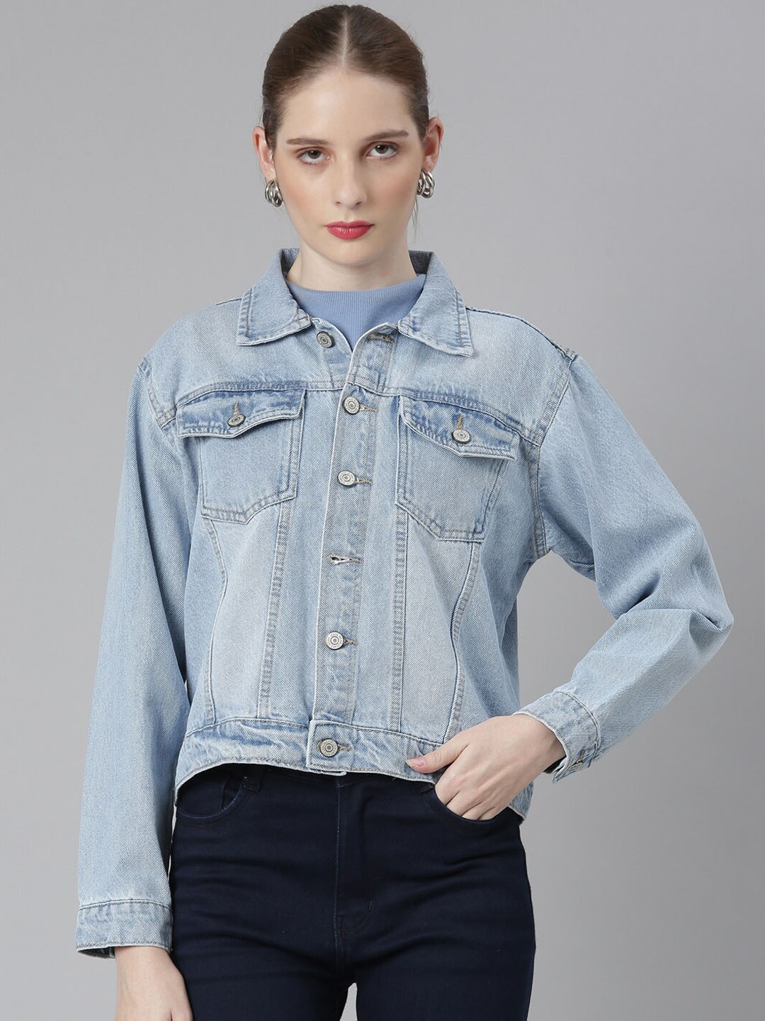 

SHOWOFF Washed Spread Collar Long Sleeve Studded Windcheater Denim Jacket, Blue