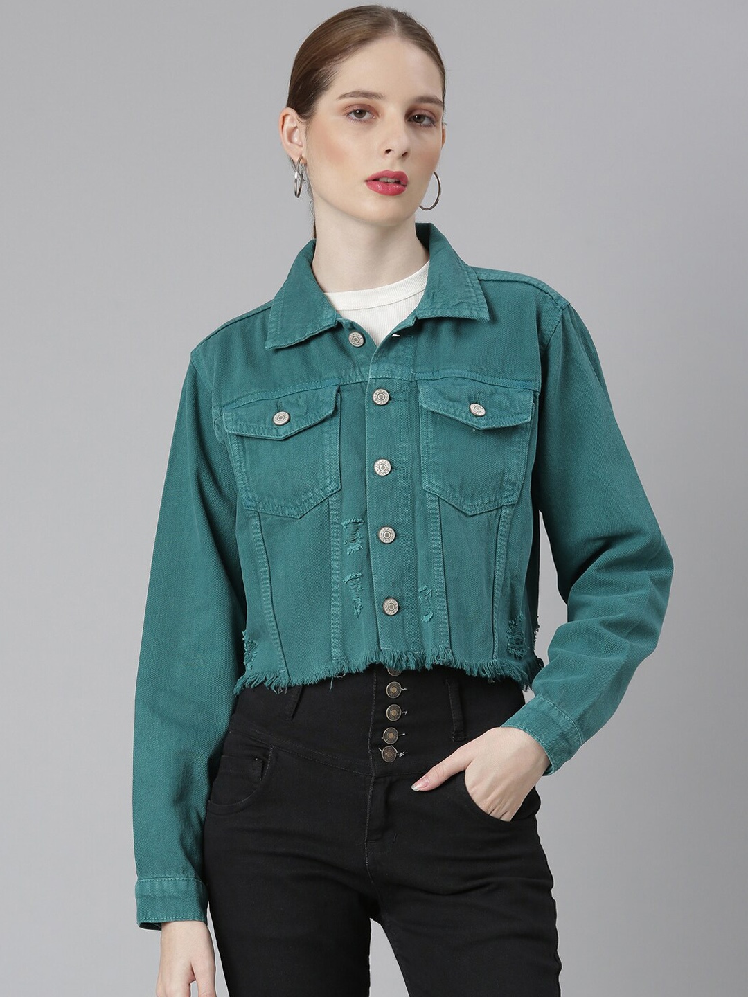 

SHOWOFF Spread Collar Long Sleeve Distressed Windcheater Crop Denim Jacket, Teal