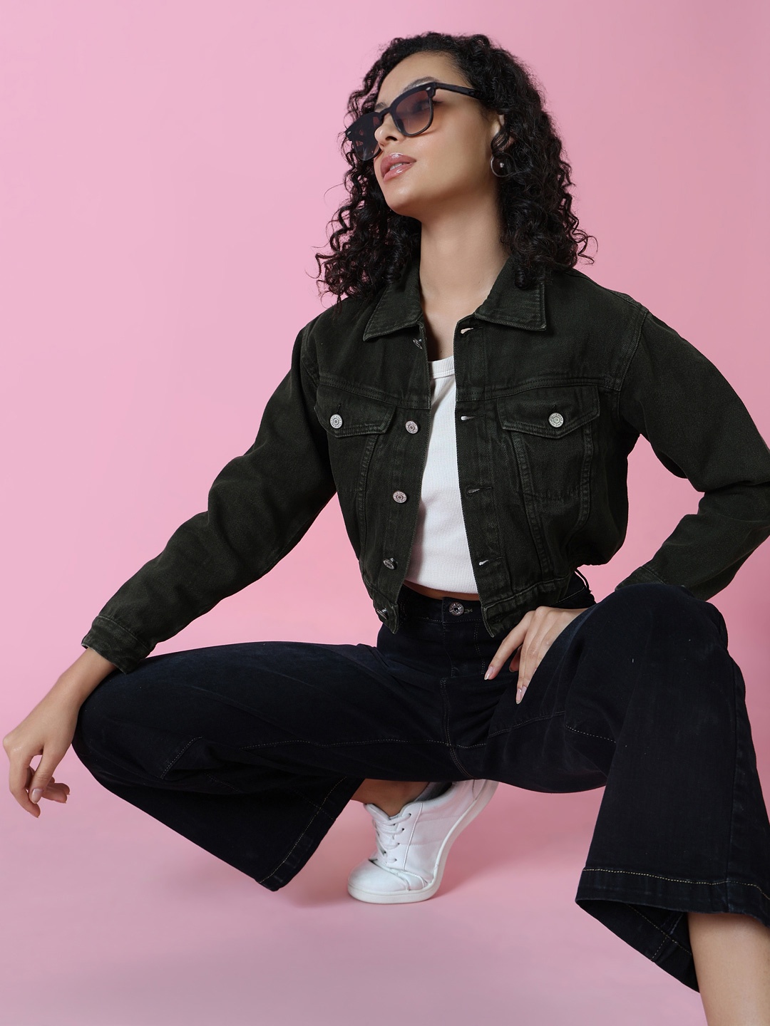 

SHOWOFF Spread Collar Long Sleeve Windcheater Crop Denim Jacket, Olive