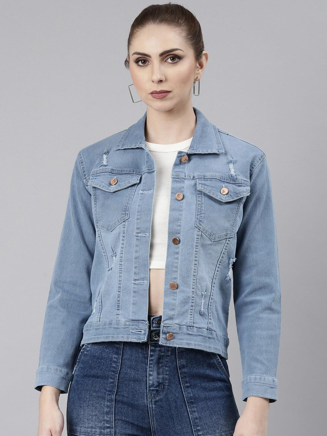 

SHOWOFF Washed Spread Collar Long Sleeve Distressed Windcheater Denim Jacket, Blue