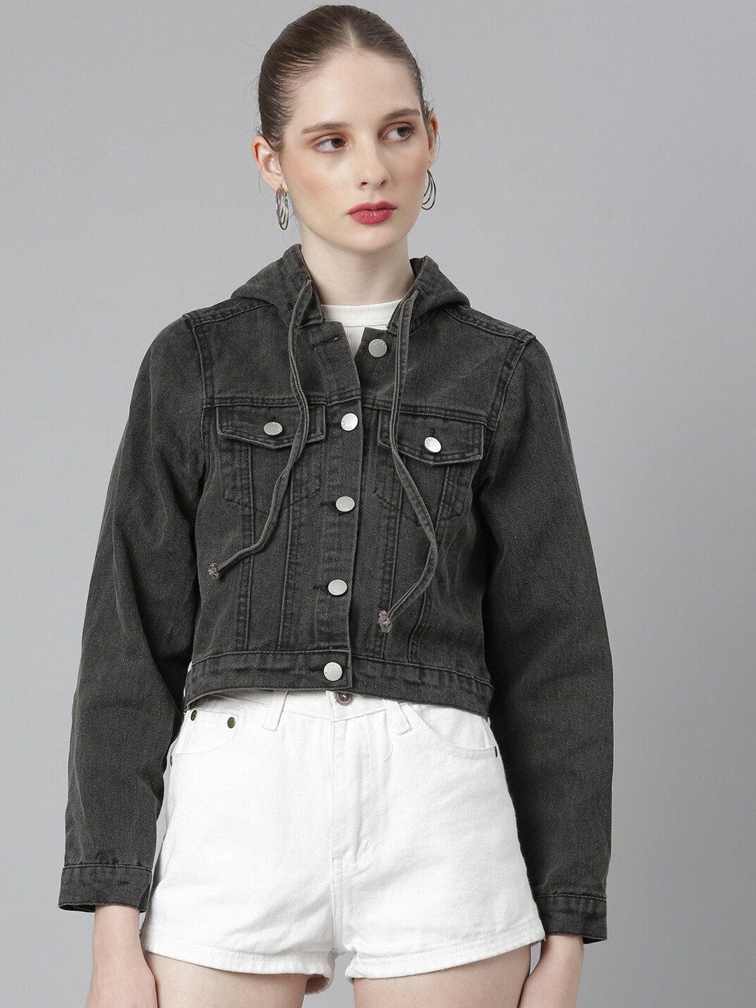 

SHOWOFF Windcheater Hooded Crop Denim Jacket, Black