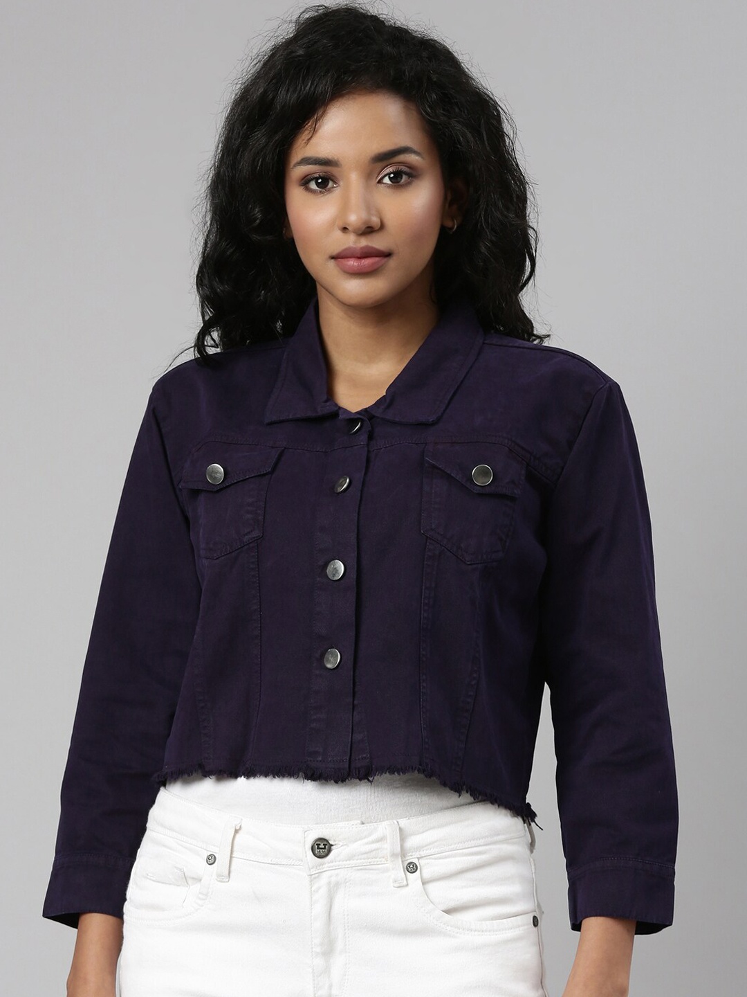 

SHOWOFF Windcheater Spread Collar Crop Denim Jacket, Violet