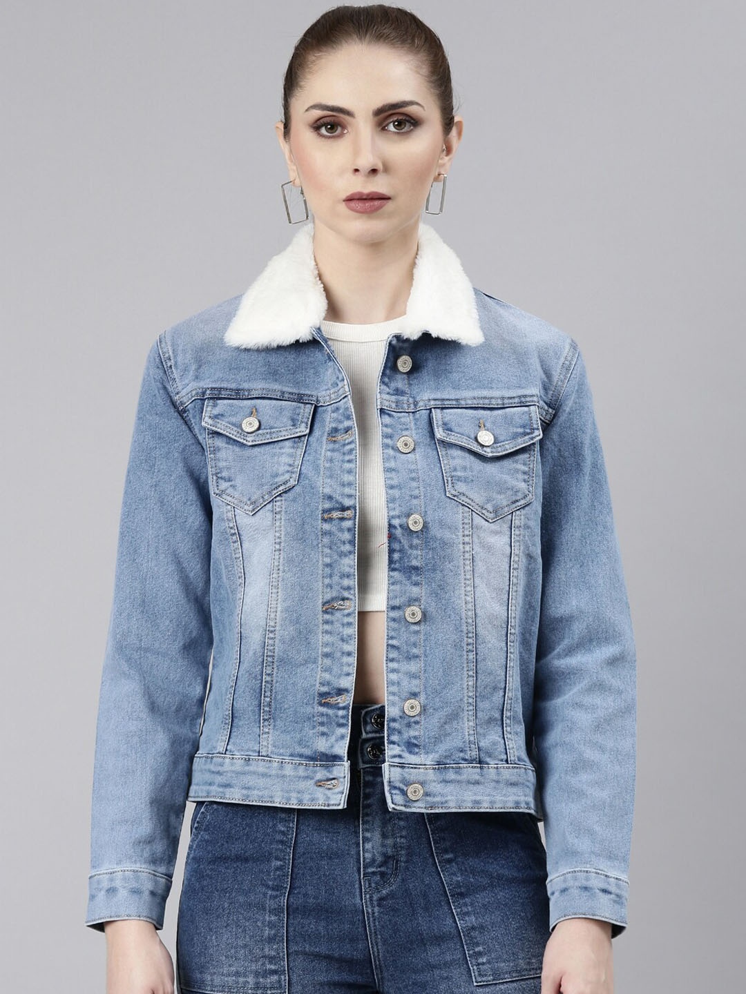 

SHOWOFF Windcheater Spread Collar Crop Denim Jacket, Blue