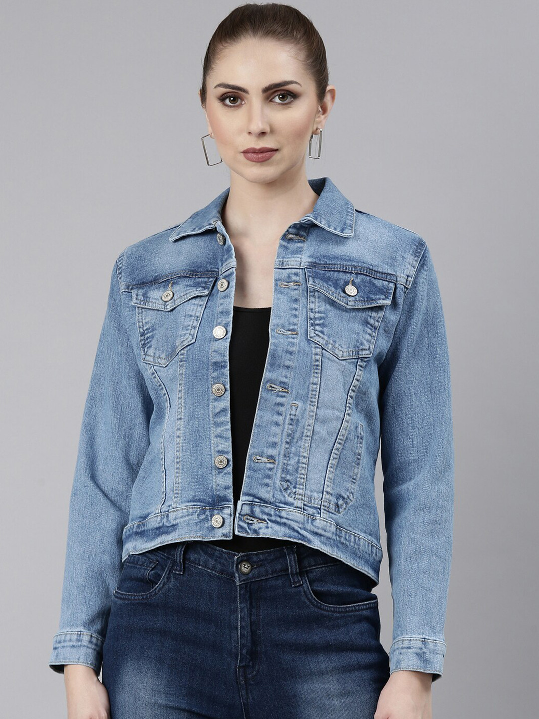 

SHOWOFF Windcheater Spread Collar Crop Denim Jacket, Blue