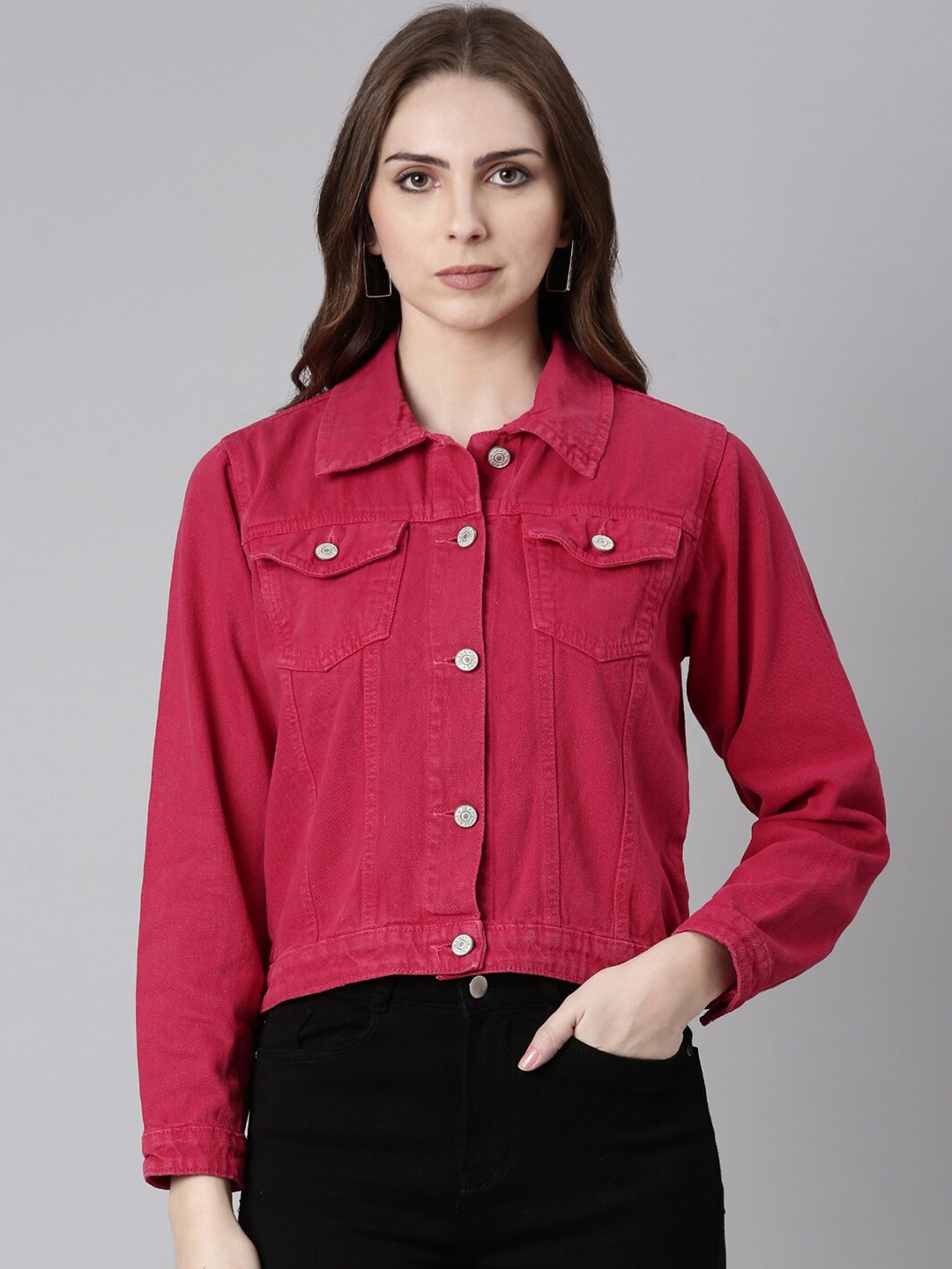 

SHOWOFF Spread Collar Windcheater Crop Denim Jacket, Fuchsia