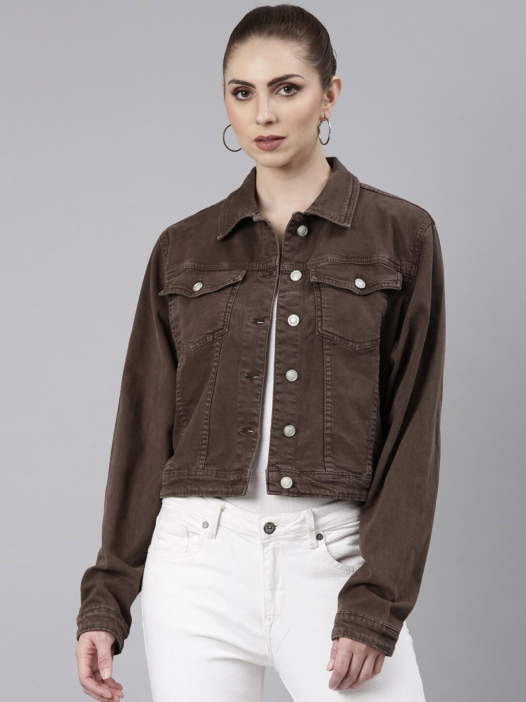 

SHOWOFF Spread Collar Windcheater Crop Denim Jacket, Coffee brown