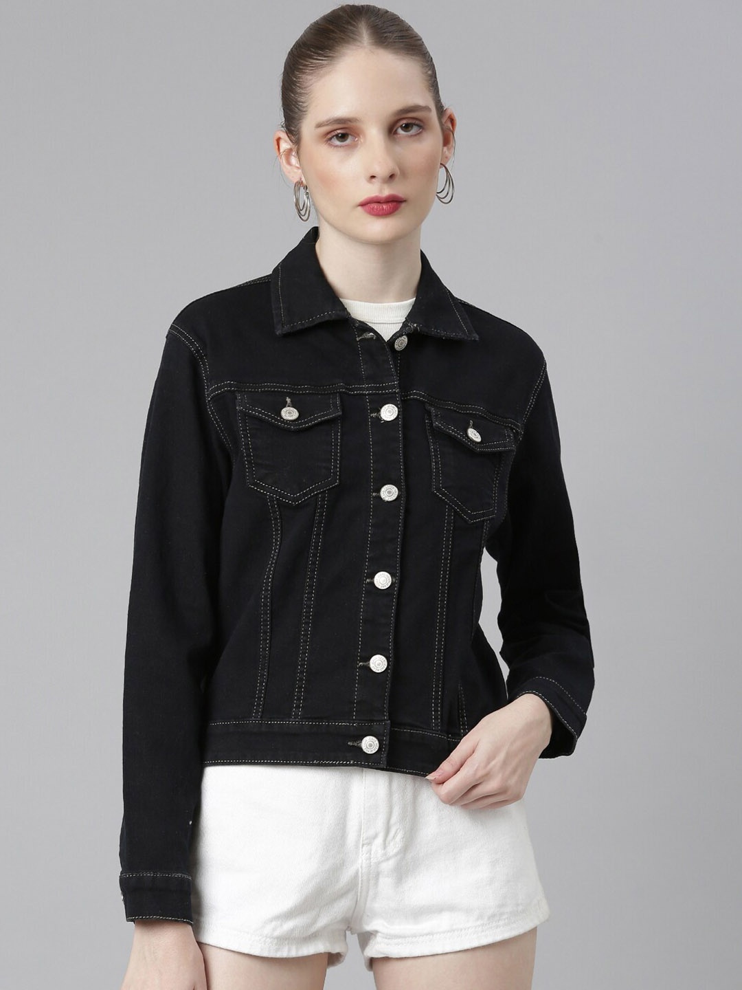 

SHOWOFF Spread Collar Windcheater Crop Denim Jacket, Charcoal