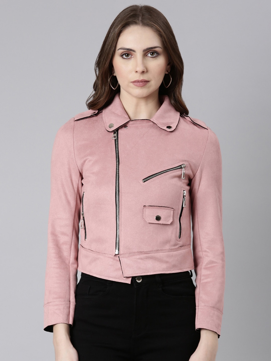 

SHOWOFF Spread Collar Long Sleeve Suede Windcheater Tailored Jacket, Pink