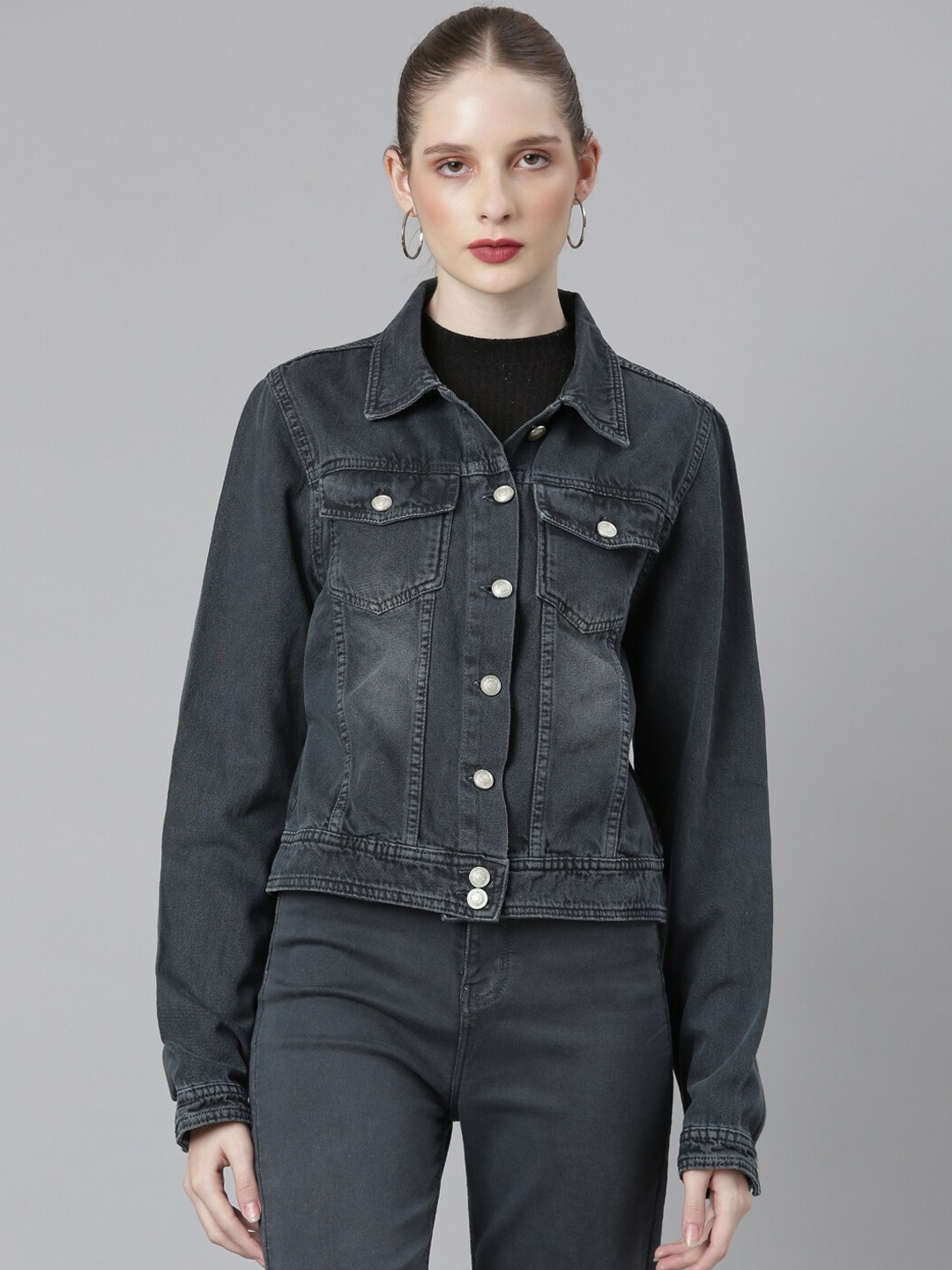 

SHOWOFF Spread Collar Windcheater Crop Denim Jacket, Grey