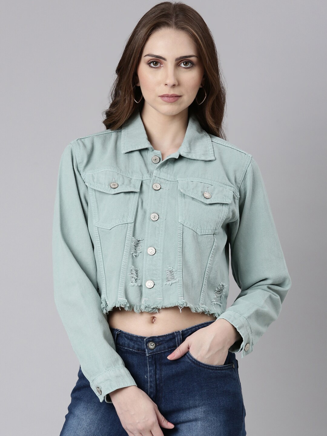 

SHOWOFF Spread Collar Windcheater Crop Denim Jacket, Sea green