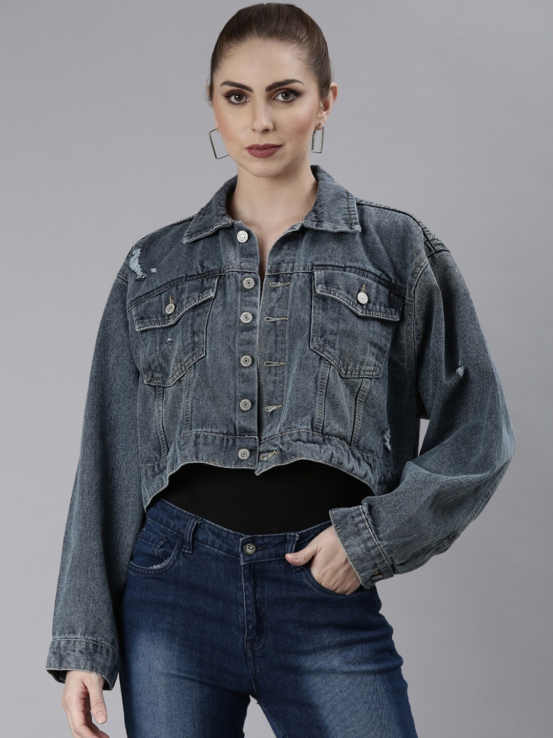 

SHOWOFF Windcheater Crop Denim Jacket, Blue