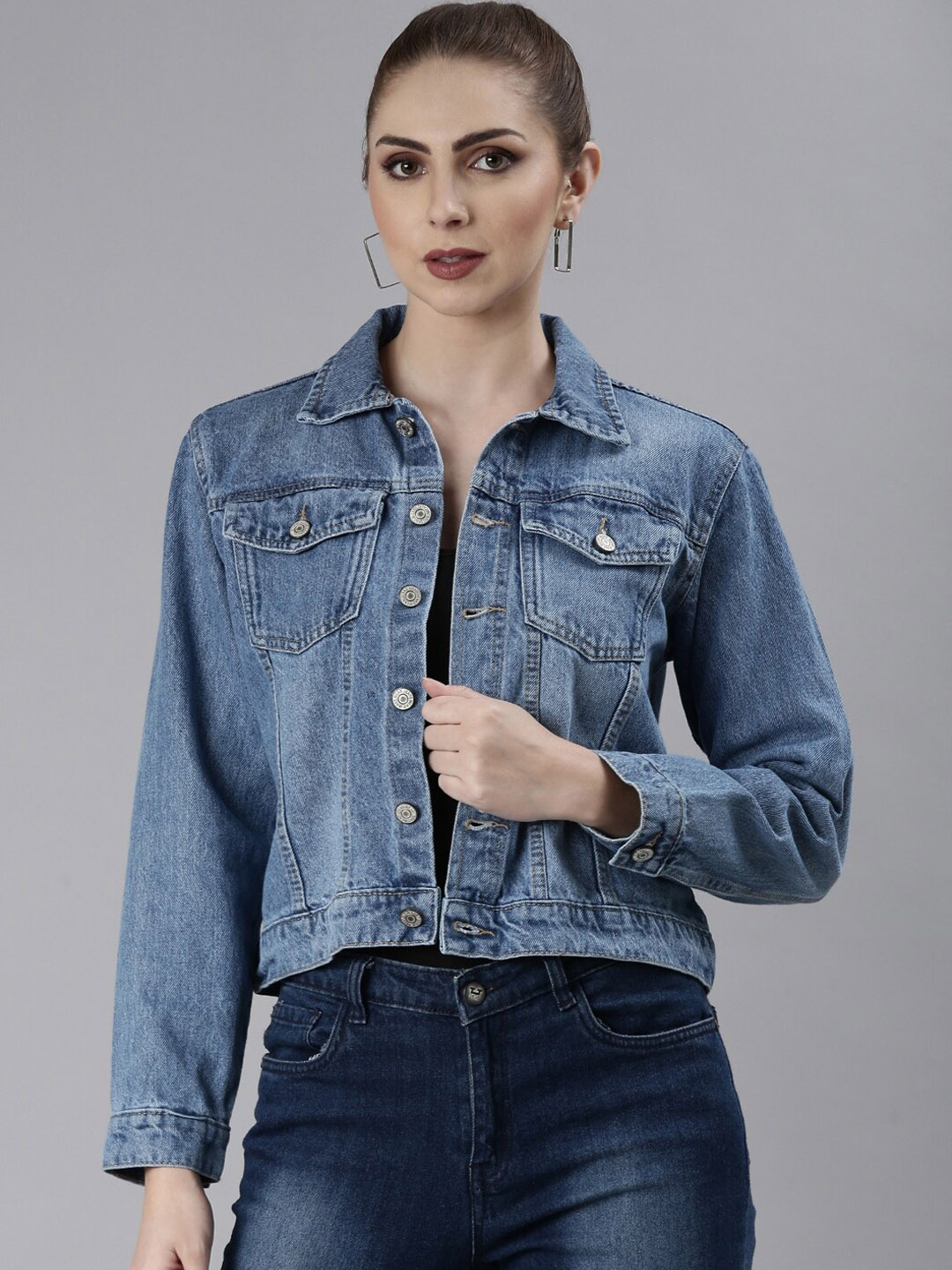 

SHOWOFF Spread Collar Windcheater Crop Denim Jacket, Blue