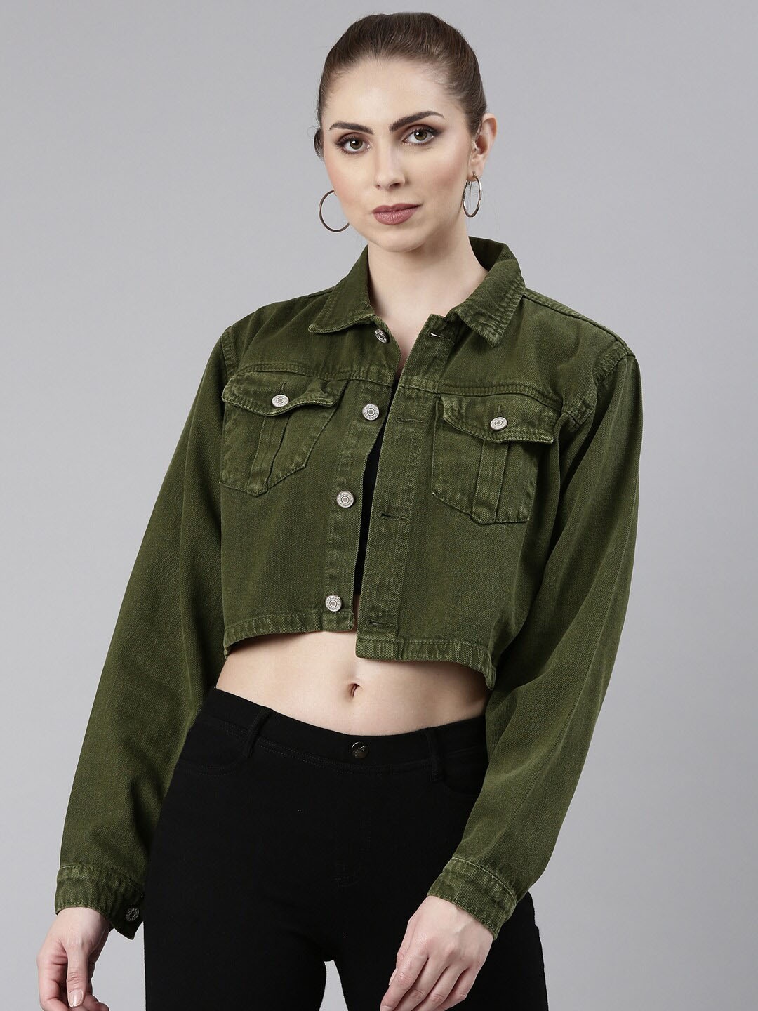 

SHOWOFF Spread Collar Windcheater Crop Denim Jacket, Green