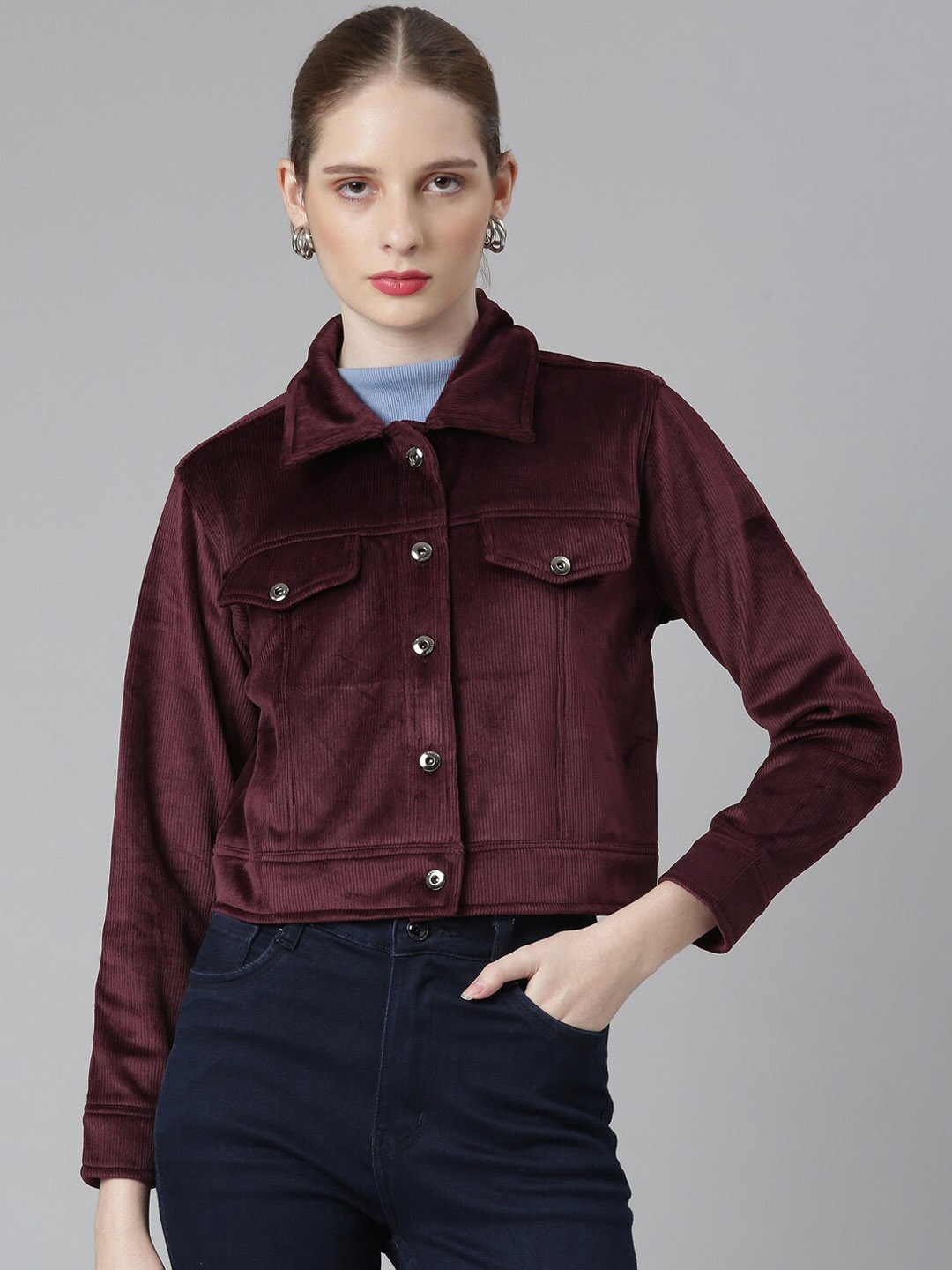 

SHOWOFF Corduroy Windcheater Crop Denim Jacket, Maroon