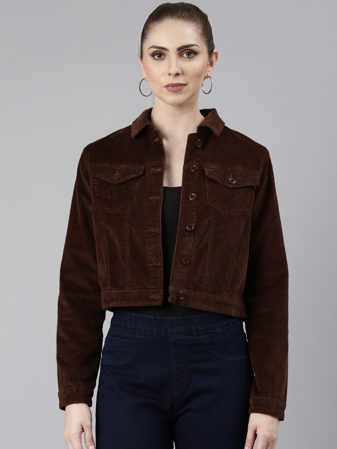 

SHOWOFF Corduroy Windcheater Crop Denim Jacket, Coffee brown