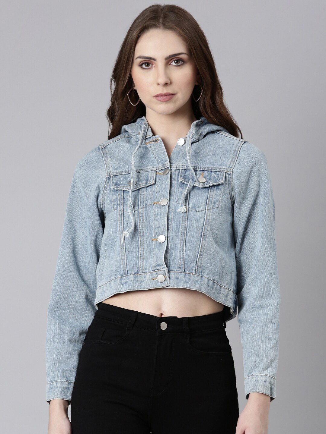 

SHOWOFF Hooded Windcheater Crop Denim Jacket, Blue