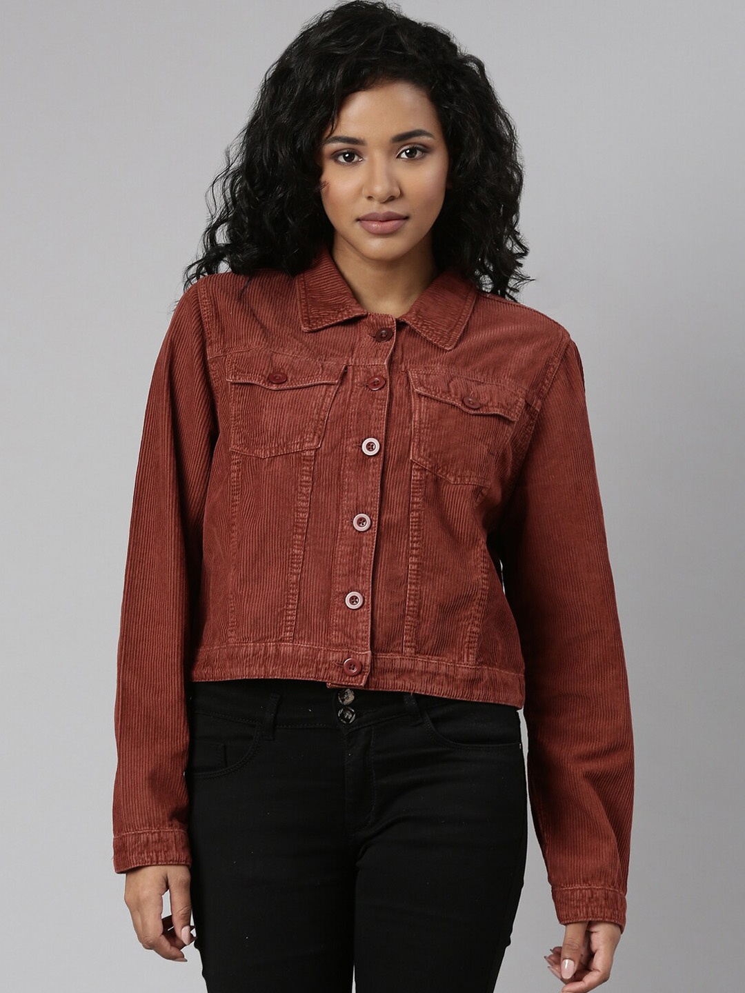 

SHOWOFF Corduroy Windcheater Crop Denim Jacket, Rust