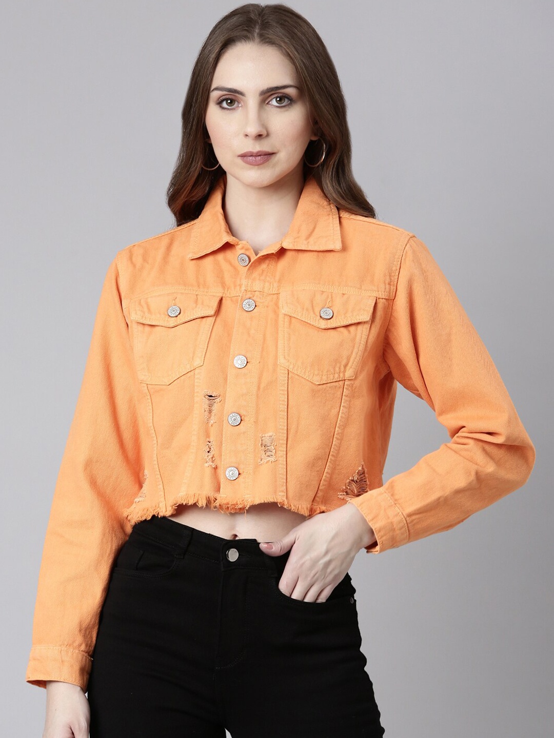 

SHOWOFF Windcheater Crop Denim Jacket, Orange