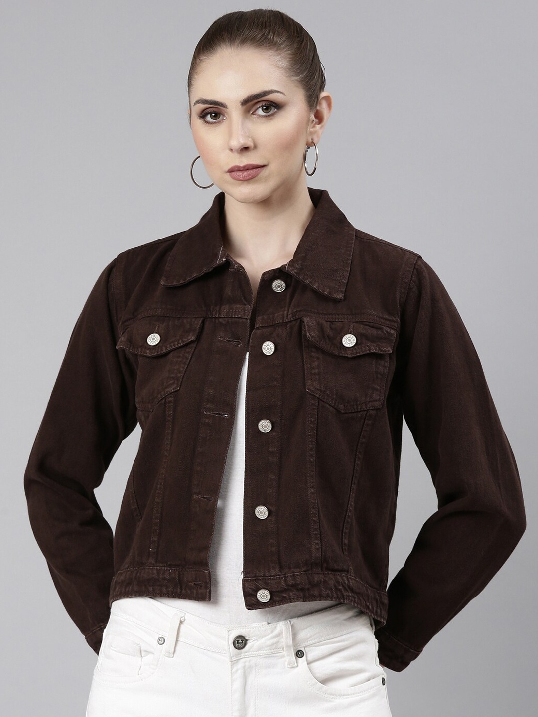 

SHOWOFF Spread Collar Windcheater Denim Jacket, Coffee brown