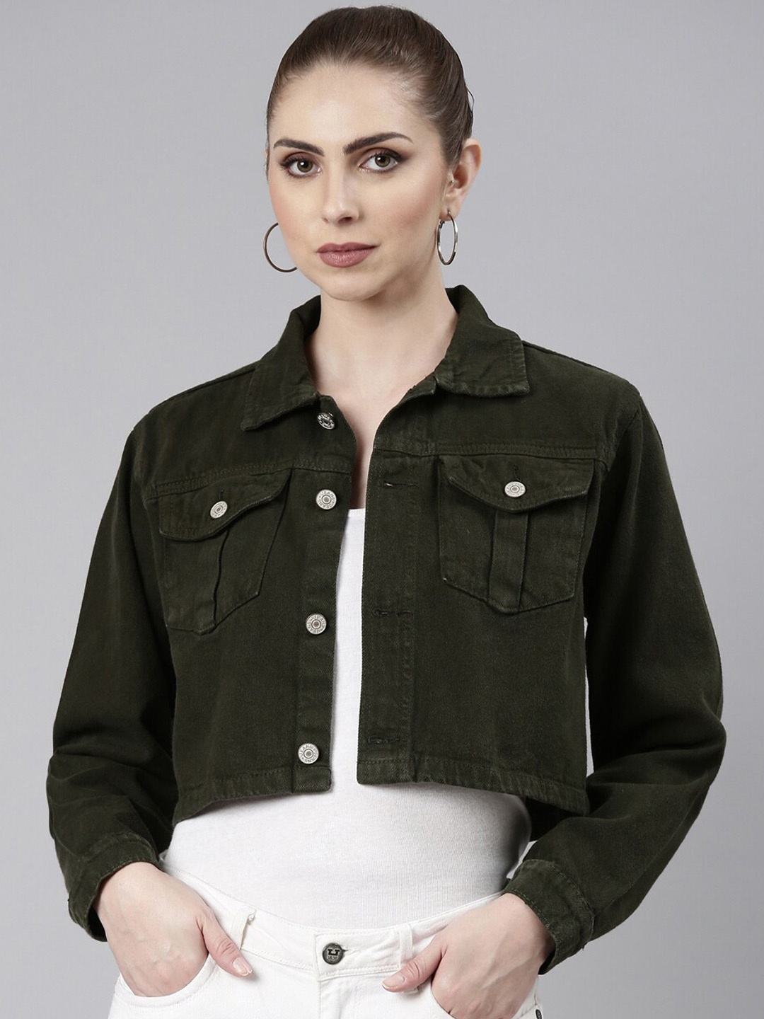 

SHOWOFF Windcheater Crop Oversized Denim Jacket, Olive