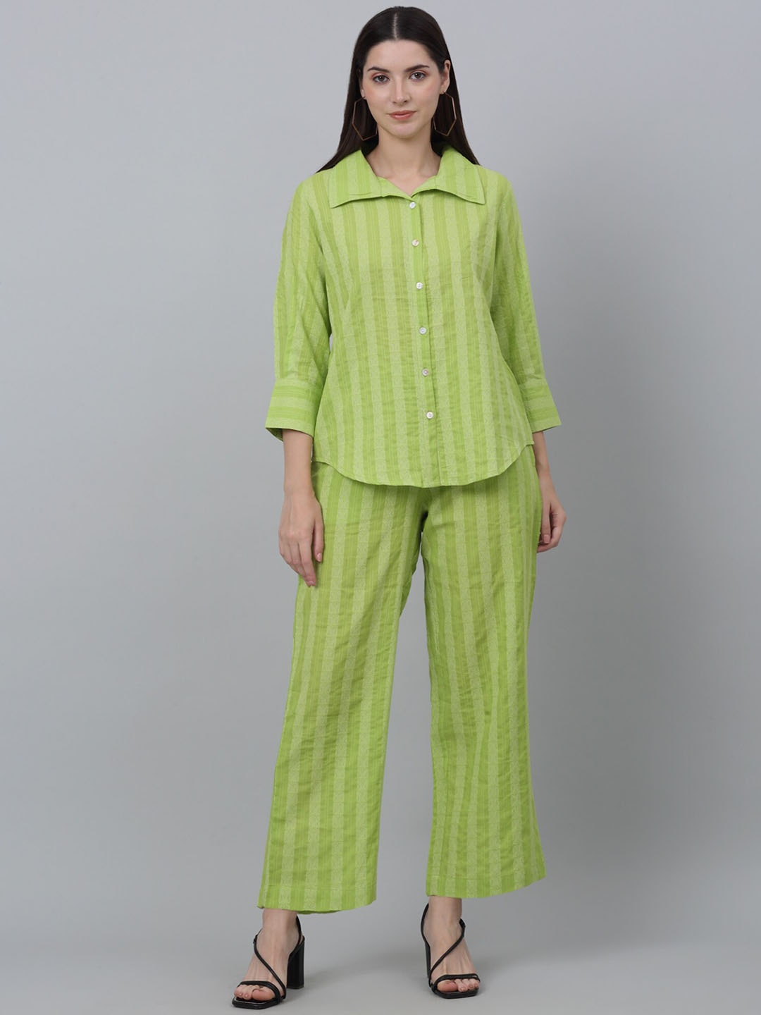 

Cantabil Striped Pure Cotton Shirt With Trousers, Green
