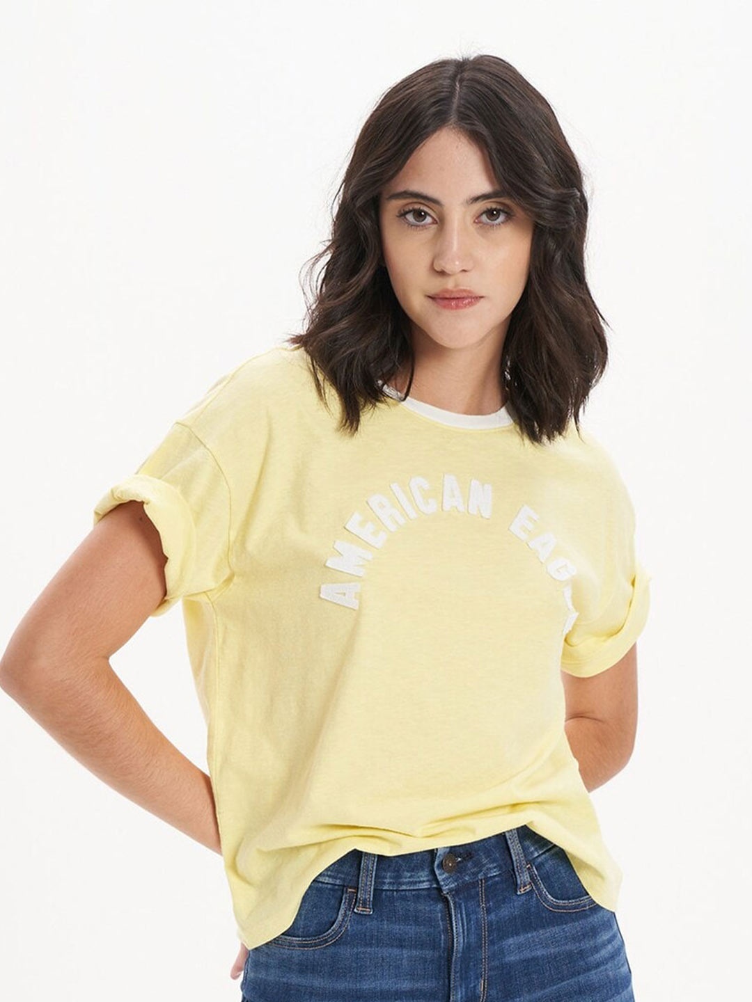 

AMERICAN EAGLE OUTFITTERS Typography Printed Drop Shoulder Sleeves Pure Cotton T-shirt, Yellow