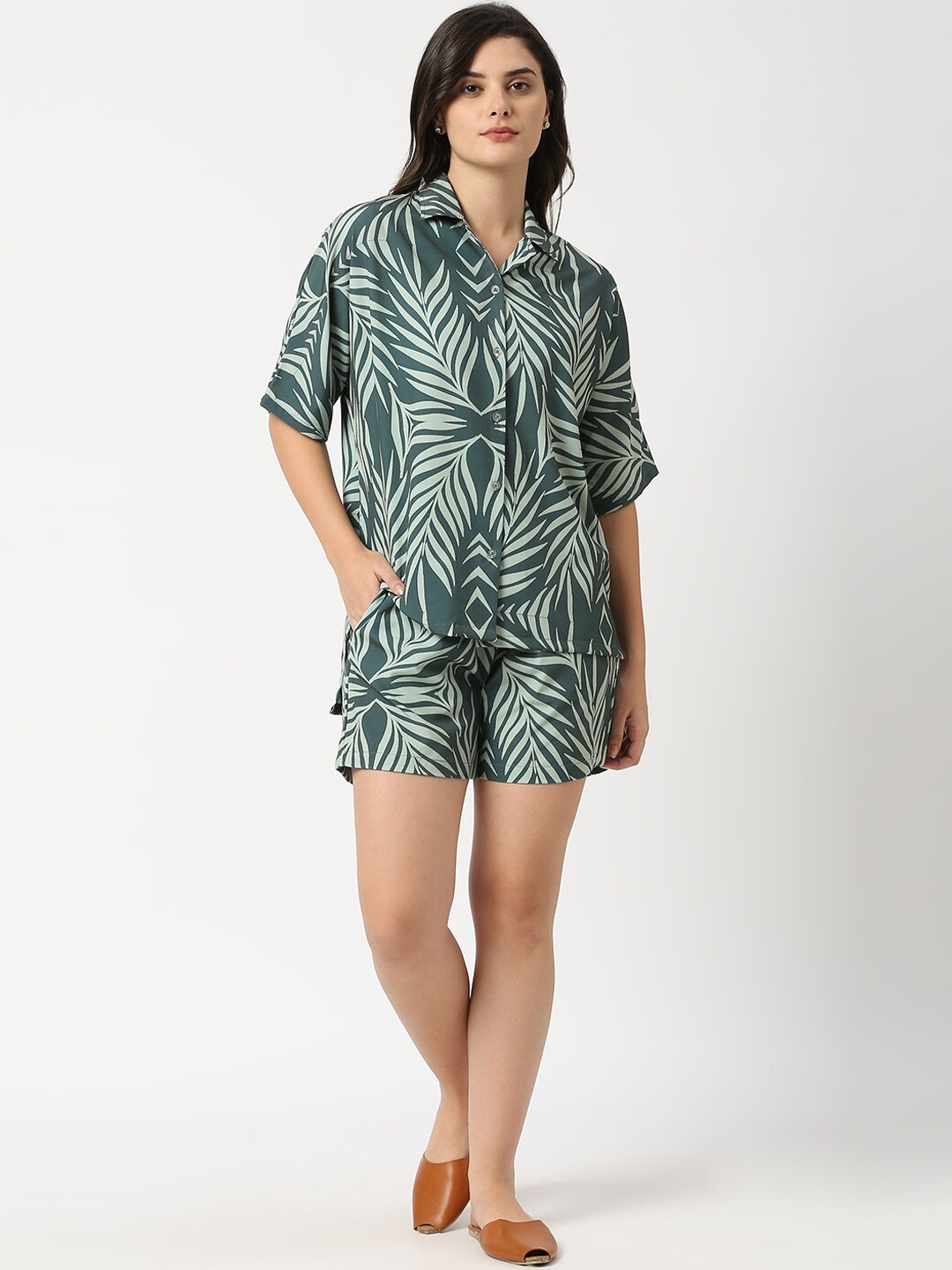 

ANWAIND Olive Green Topical Printed Shirt With Short Co-Ords