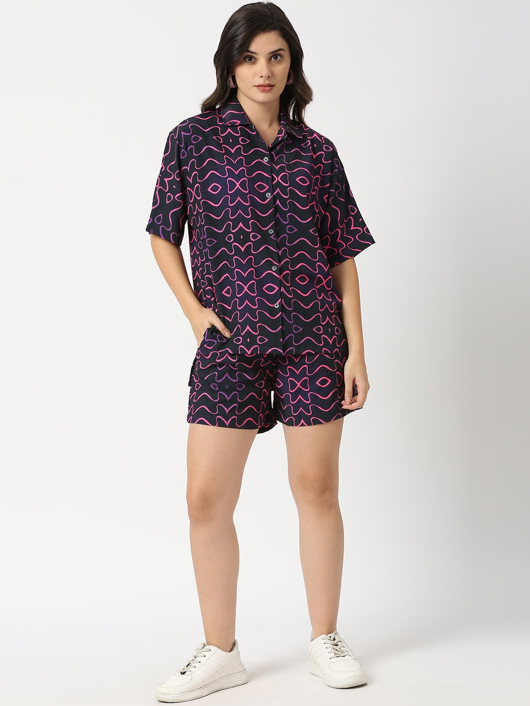 

ANWAIND Black Printed Shirt With Short Co-Ords