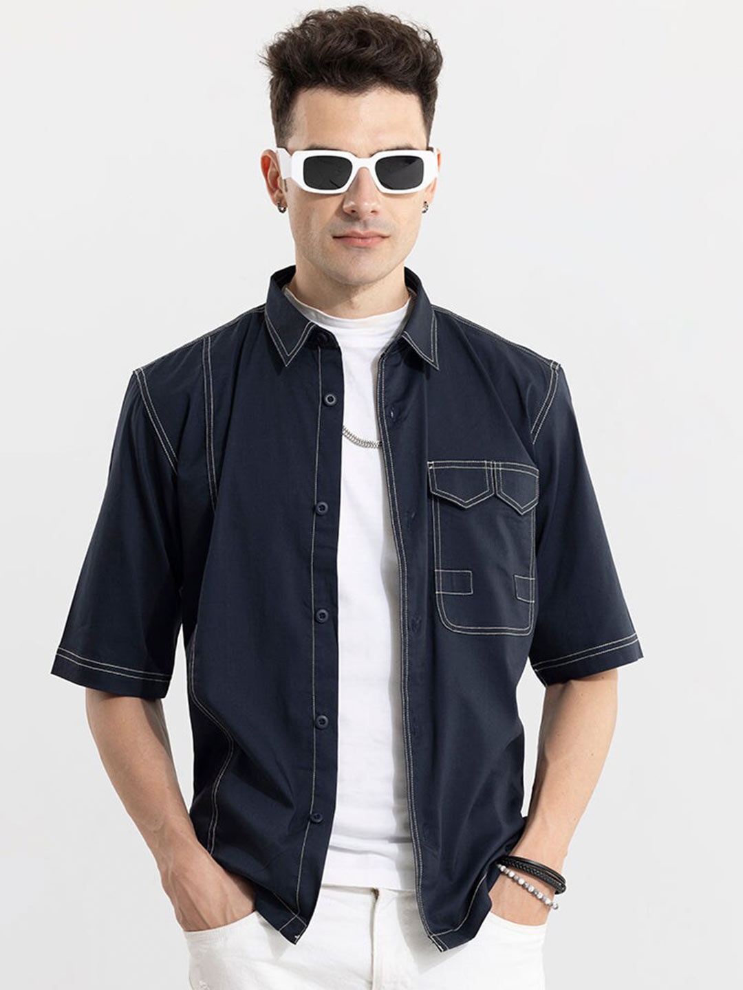 

Snitch Navy Blue Classic Oversized Pure Cotton Casual Shirt