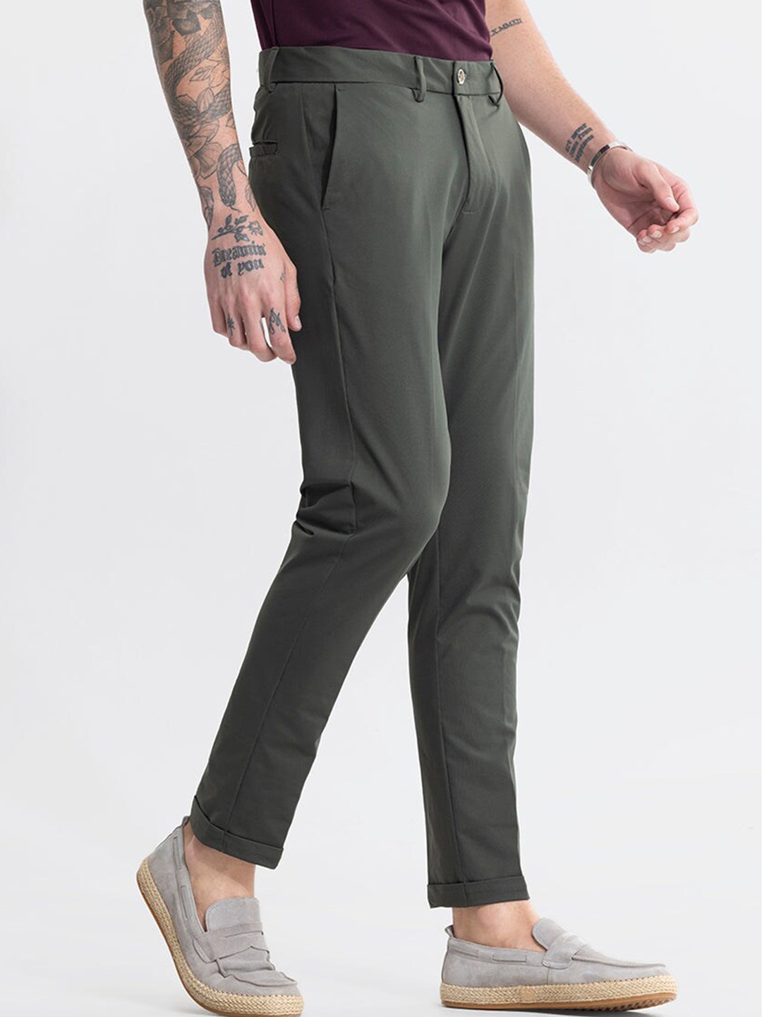 

Snitch Men Olive Green Smart Slim Fit Chinos Trousers