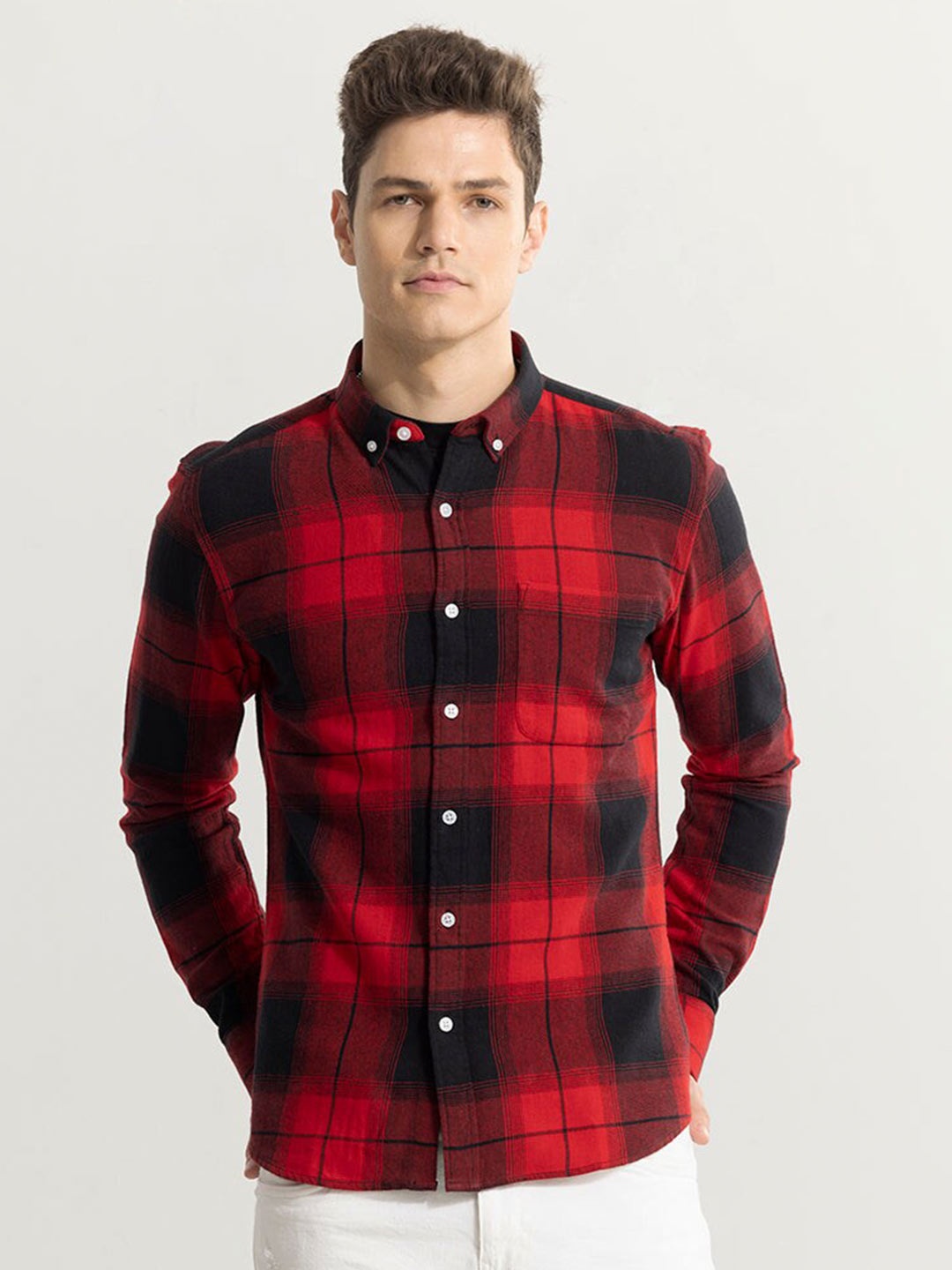 

Snitch Red & Black Tartan Checked Cotton Classic Slim Fit Casual Shirt