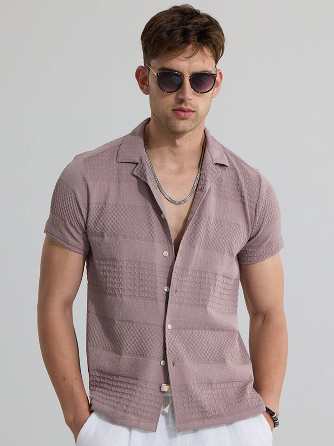 

Snitch Purple Classic Striped Cuban Collar Casual Shirt